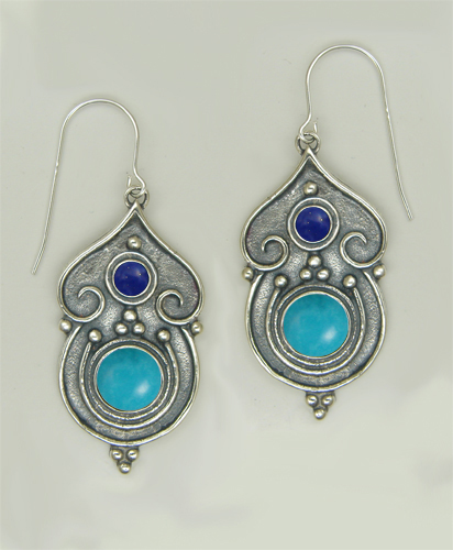 Sterling Silver Gothic Inspired Drop Dangle Earrings With Turquoise And Lapis Lazuli